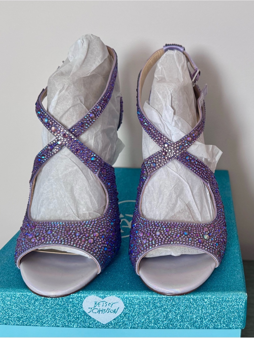 Betsey Johnson Lilac Crystal Strappy Peep-Toe Heels - Picture 3 of 4
